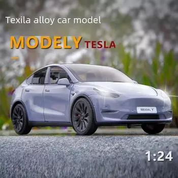 Игрушечная машинка Tesla Model Y из сплава в масштабе 1/24 со звуком открывания двери, огнями и функцией инерционного движения для детей 1:24 Edamame Y-Box синий