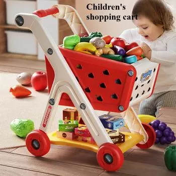 Игрушечная тележка для покупок Детская тележка Детский игровой домик Нарезка фруктов Супермаркет Игрушечная сцена для мальчиков и девочек на кухне 26PCS красный