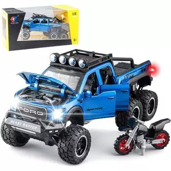 Игрушечные пикапы в масштабе 1/24, игрушечный грузовик, литой металлический пикап Ford F150 со звуком и светом, внедорожные грузовики с откатным механизмом 6x6 и мотоцикл для детей 1/24-Size:21.5*8.5*8.5cm синий