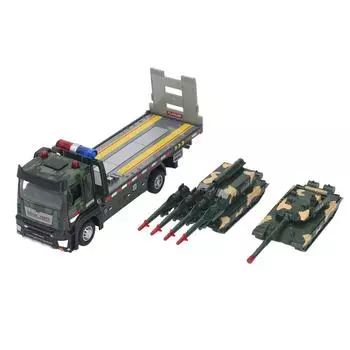 Игрушечный грузовик с бортовой платформой и 2 шт. имитация танка, сплав, военный грузовик, литой под давлением, военный транспортер
