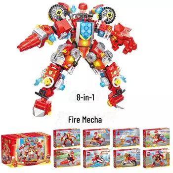 Игрушечный робот-пожарный 8 в 1, совместимый с Lego: Сборка мелких частиц для детей, образовательная и трансформируемая 14.5*4*9.5cm