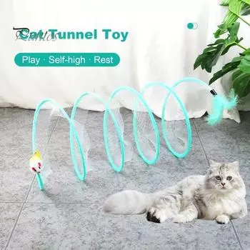 Игрушечный туннель для кошек Складная спиральная стальная проволока Туннель для самостоятельной игры Интерактивная игрушка-катушка S-типа для домашних животных Плюшевые подвесные игрушки с перьями для развлечений в помещении синий