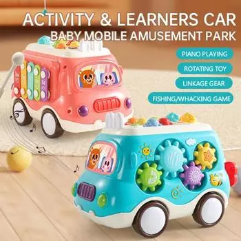 Игрушка-автобус для раннего образования с музыкальными и световыми эффектами, детские игрушки Монтессори, музыкальная игрушка для сенсорного обучения в виде автобуса, магнитная игрушка-присоска в виде животного розовый