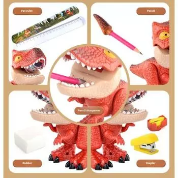 Игрушка-динозавр 5-в-1 Точилка для карандашей Степлер Ластик Линейка Набор канцелярских товаров Гибкие конечности Реалистичные формы Комплект сборки динозавра Устойчивость к падению коричневый
