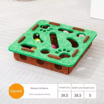 Игрушка для кошек Пазл Лабиринт Игровая коробка Снимающая скуку Удобный гаджет Дразнилка для кошек Игрушки с отверстиями Колокольчик Мяч Товары для питомцев [Square Green Brown] Puzzle Cat Maze to Pour Ball