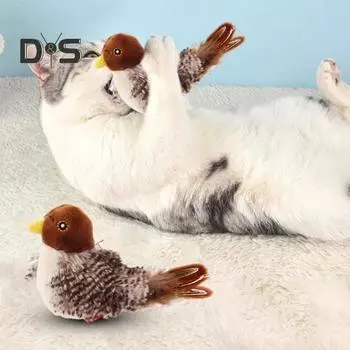 Игрушка для кошек «Щебечущая птичка» Интерактивная автоматическая игрушка-пищалка для домашних кошек Мягкая щебечущая птичка с хвостом из перьев A