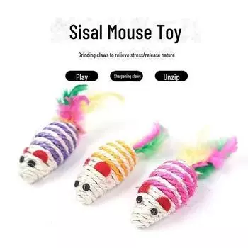 Игрушка для кошек «Сизалевая мышь с перьями» — обучающая и интерактивная игрушка для домашних животных Sisal Mouse