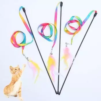 Игрушка для котенка Красочная лента с перьями Аксессуары Интерактивная игрушка Кошка Тизер Игрушка-палка