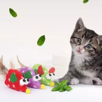 Игрушка для котенка Многоцветная плюшевая мышь Интерактивная игрушка Забавная игрушка для кошек Игрушка с перьями для домашних животных фиолетовый