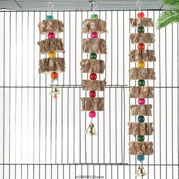 Игрушка для попугая из натурального дерева Деревянная игрушка для жевания попугая с колокольчиком Подвесная игрушка для жевания попугая Цветные бусины Украшение для клетки для птиц