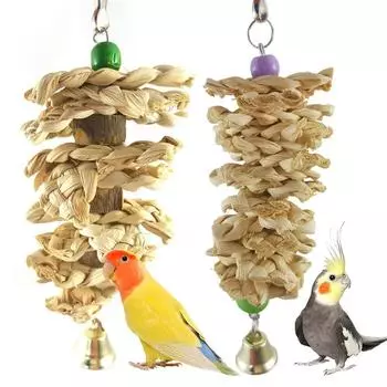 Игрушка для попугая с колокольчиком из натурального дерева, жевательная игрушка для травы, подвесная клетка, качели, игрушки для лазания, клетки для попугаев, подвесные игрушки
