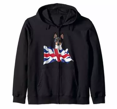 Игрушка для собак с флагом Великобритании и фокстерьером, толстовка с капюшоном на молнии чёрный