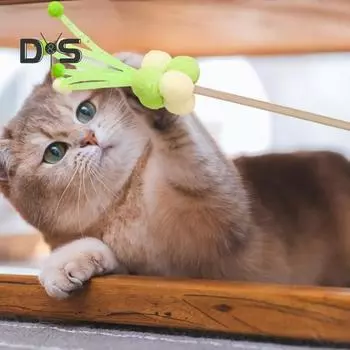 Игрушка-дразнилка для кошек Интерактивная игрушка-палочка для кошек с плюшевым шариком Забавный колокольчик со звуком Эластичная сетка Устойчивая к укусам Дразнящая палочка для кошек с натуральным бревенчатым шестом Котята зелёный