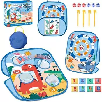 Игрушка-мешок для метания 3 в 1, складная игра-корнхол на тему океана с динозаврами, безопасные дротики и крестики-нолики для вечеринок в саду в помещении и на открытом воздухе