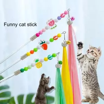 Игрушка-палка для кошек с колокольчиком, разноцветные бусины, кисточка, устойчивая к укусам, привлекательная интерактивная длинная палка жёлтый