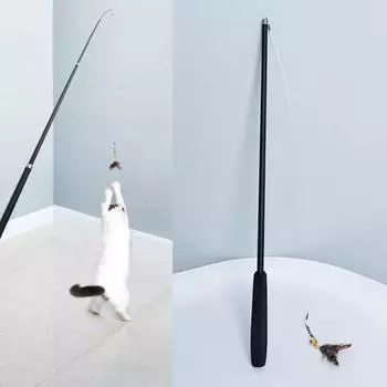 Игрушка-палочка для кошек, 1,8 м, высокая прочность, удлиненная игрушка для чеканки, выдвижная кошка с 2 сменными колокольчиками из перьев для использования в помещении чёрный