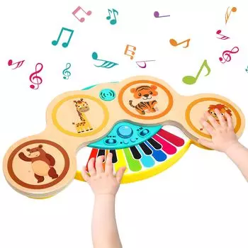 Игрушка-пианино Cute Stone 2in1 Как играть на музыкальном инструменте Игрушка-барабан из высококачественного дерева 4 типа режимов барабана 6 музыкальных композиций Регулировка громкости