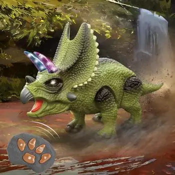 Игрушка-трицератопс с дистанционным управлением, светом, звуком, подвижными суставами, шагающая модель динозавра, обучающая игрушка-динозавр на радиоуправлении для малышей, мальчиков и девочек, подарок зелёный