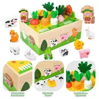 Игрушка Yousheng Kids Animal Farm, головоломка для вытягивания моркови, деревянная коробка, мелкая моторика, обучающая настольная игра для малышей, мальчиков и девочек, сбор редиса зелёный