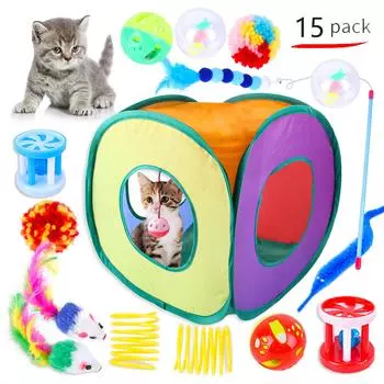 Игрушки для кошек 15 шт. Набор игрушек для котят Интерактивные игрушки для кошек для домашних кошек со складной палаткой для кошек разноцветный