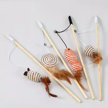 Игрушки для кошек, дразнящая палочка 1 шт., деревянная палка, перо, колокольчик, мышь, чтобы избавиться от скуки, деревянная палка, приманка для питомца