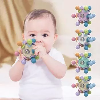Игрушки для прорезывания зубов у детей от 0 до 12 месяцев, сенсорные жевательные погремушки-мячи без содержания бисфенола А розовый/фиолетовый