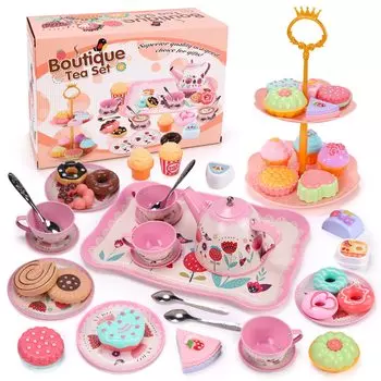 Игрушки для вечернего чая Qizebaby, 48 игрушек, набор игрушек для игр в помещении, чай, чайник, чайный сервиз, бисквитный торт, десерт, конфеты, подставка для десерта, ролевые игры, игры розовый