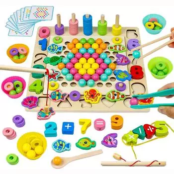 Игрушки Монтессори, деревянные развивающие игрушки для дошкольников 6 в 1, магнитная рыбалка, развитие мелкой моторики, обучение математике для 3-летних малышей, мальчиков и девочек 30x30cm