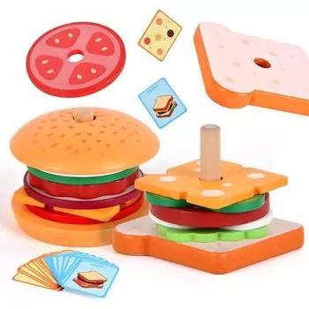 Игрушки Монтессори, Деревянные сэндвичи с гамбургерами, сортировка и укладка для малышей, дошкольники, Переключатель песка для гамбургеров, Деревянные дошкольные учреждения, 4/5 лет (2 набора) 7.5x9cm,9.3x8.5x7.5cm оранжевый