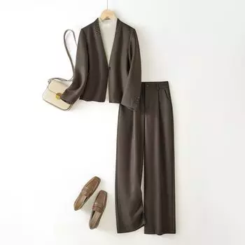 Ihimi Sea Quiet French Style V-neck Suit Outwear Two-Piece Pants Female 2025 Winter Fancy Elegant Rain Pants Beech tree color M