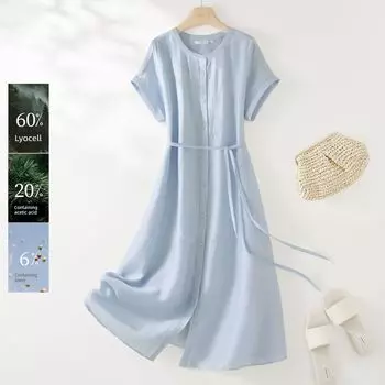 Ihimi Sea Quiet Selection Lyocell Vinegar Fiber Dress Women 2025 Summer Advanced Sense Fashion Light and Thin Midi dress Sky Blue M