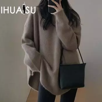 IHUASU 100% чистая шерсть пуловер джемпер женская осенне-зимняя верхняя одежда в длинной части ленивого открытого вязанного свитера S чёрный