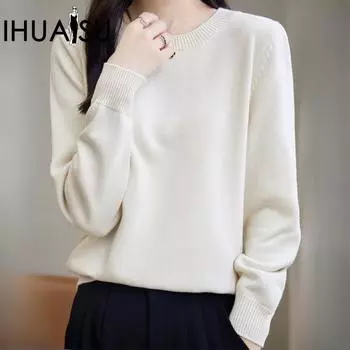 IHUASU 100% хлопок джемпер с круглым вырезом женский осенне-зимний пуловер свободный тонкий универсальный трикотажный низ рубашка верх S чёрный