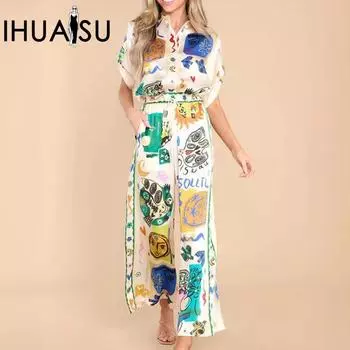 IHUASU атласная рубашка с лацканами с короткими рукавами и принтом граффити + брюки, повседневный костюм-двойка