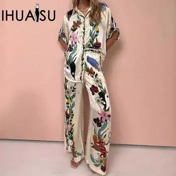 IHUASU атласная рубашка с отворотами с короткими рукавами и принтом граффити + брюки повседневный комплект из двух предметов S