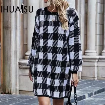IHUASU Autumn and Winter Commuter Plaid Sweater Big Size Loose Knit Sweater Pullover Women s Sweater S чёрный