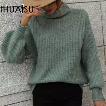 IHUASU Осенне-зимний однотонный пуловер, свободный женский свитер с высоким воротом S белый