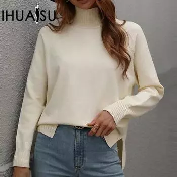IHUASU Осенне-зимний однотонный свитер для женщин с высоким воротом S белый