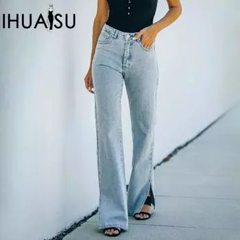 IHUASU Осенне-зимние потертые брюки из денима с разрезом и средней талией, повседневные брюки S темно-синий
