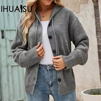 IHUASU Осенне-зимний женский однобортный кардиган с капюшоном и длинными рукавами, вязаный свитер на завязках S серый