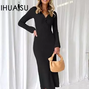 IHUASU Осенне-зимние женские сексуальные пряные длинные рукава скрученные плиссированные платья длинные платья S абрикосовый