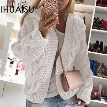 IHUASU Autumn and Winter Women s Twist Hat Cardigan Solid Colour Chunky Knit Sweater S белый