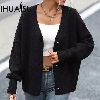 IHUASU Осенне-зимний женский однотонный вязаный кардиган с V-образным вырезом на пуговицах S кирпич красный