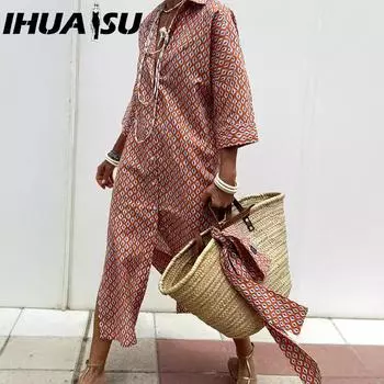 IHUASU Autumn Five-quarter Sleeve Striped Shirt Dress with Slit on Both Sides for Women S