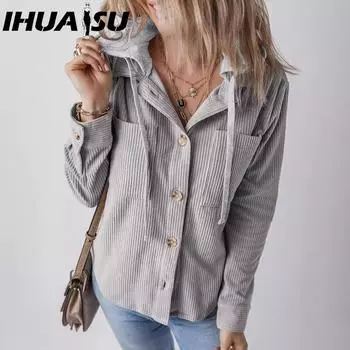 IHUASU Autumn Winter Lapel Buckle Cardigan Purse Hooded Drawstring Striped Coat for Women S оранжевый