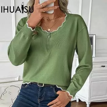 IHUASU Autumn/Winter Zip Crash Trim Knit O-Neck Casual Pullover Sweater S зелёный