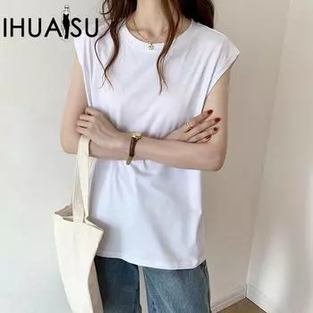 IHUASU белая футболка без рукавов женская свободная летняя мода черный жилет футболка студенческий топ изношенный M чёрный
