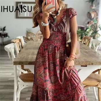 IHUASU Богемное цельное свободное платье с макси-талией и цветочным принтом S серый