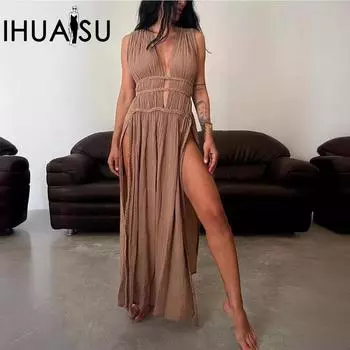 IHUASU Богемное льняное платье без рукавов с косой и разрезом на поясе