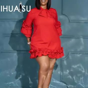 IHUASU Большие размеры, женское летнее платье с рукавами 3/4, модное темпераментное свободное однотонное платье на шнуровке с деревянным краем ушка S красный